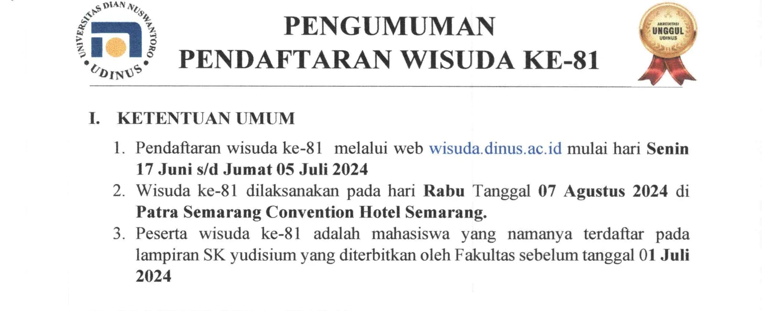 Informasi Pelaksanaan Wisuda Ke-81 Universitas Dian Nuswantoro Semarang
